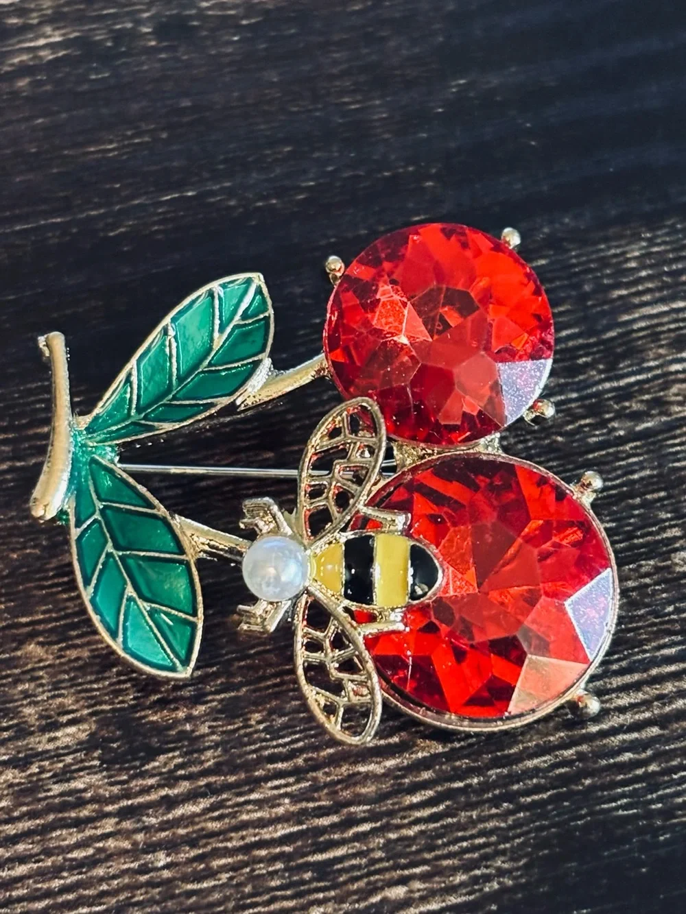 Yellow Bee & Red Cherry Crystal Brooch in Gold‎ Tone